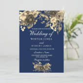 Elegant Gold Floral Navy Blue Wedding Invitation Kaart (Staand voorkant)