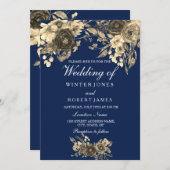 Elegant Gold Floral Navy Blue Wedding Invitation Kaart (Voorkant / Achterkant)