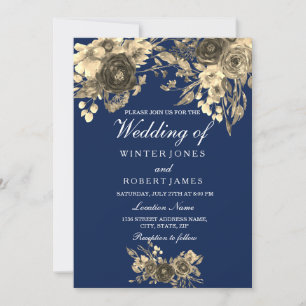 Elegant Gold Floral Navy Blue Wedding Invitation Kaart