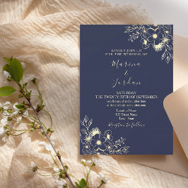 Elegant Gold Floral Navy Blue Wedding Kaart