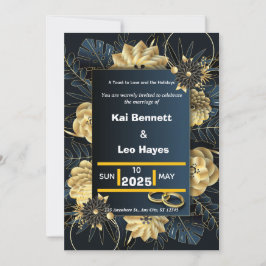 Elegant Gold Floral Navy Holiday Wedding Invite Kaart