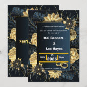 Elegant Gold Floral Navy Holiday Wedding Invite Kaart (Voorkant / Achterkant)