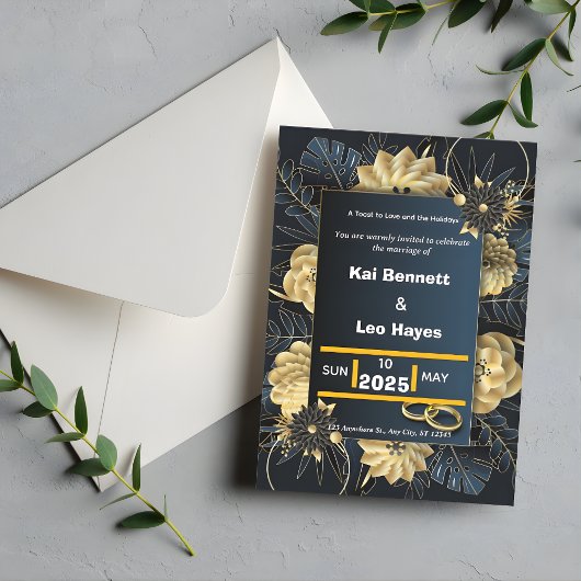 Elegant Gold Floral Navy Holiday Wedding Invite Kaart