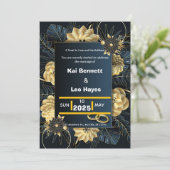 Elegant Gold Floral Navy Holiday Wedding Invite Kaart (Staand voorkant)