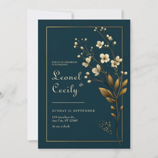 Elegant Gold Floral Navy Wedding Kaart (Voorkant)
