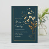 Elegant Gold Floral Navy Wedding Kaart (Staand voorkant)