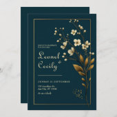 Elegant Gold Floral Navy Wedding Kaart (Voorkant / Achterkant)