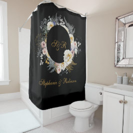 Elegant Gold Floral op Black Monogram Weddenschap Douchegordijn