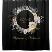 Elegant Gold Floral op Black Monogram Weddenschap Douchegordijn (Voorkant)