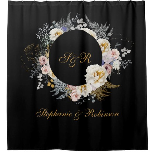 Elegant Gold Floral op Black Monogram Weddenschap Douchegordijn (Voorkant)
