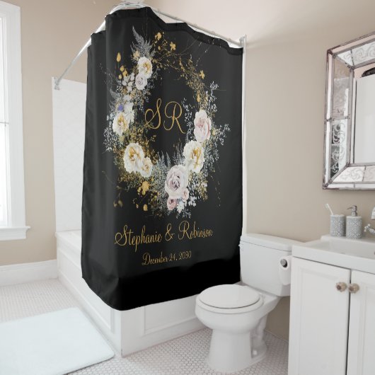 Elegant Gold Floral op Black Monogram Weddenschap Douchegordijn (In situ)