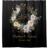 Elegant Gold Floral op Black Monogram Weddenschap Douchegordijn (Voorkant)