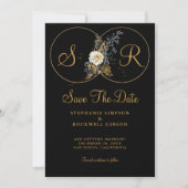 Elegant Gold Floral op Black Monogram Weddenschap Save The Date (Voorkant)