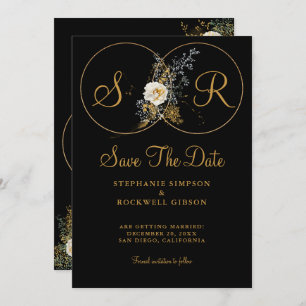 Elegant Gold Floral op Black Monogram Weddenschap Save The Date