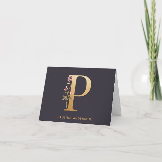 Elegant Gold Floral P Monogram op maat Notitiekaartje (Voorkant)
