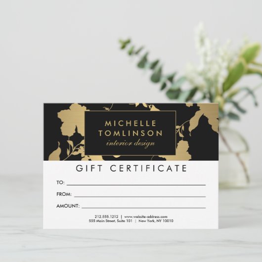 Elegant Gold Floral Pattern Black Cadeaubon (Staand voorkant)