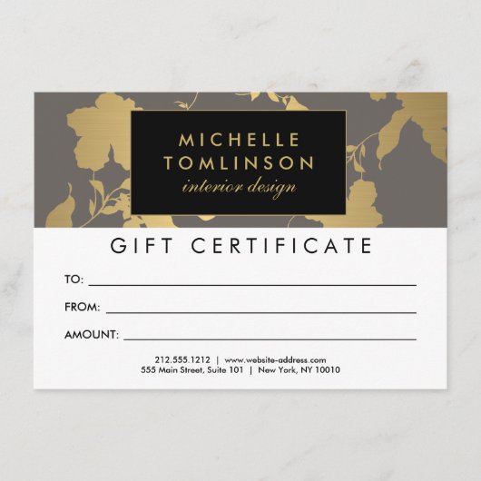 Elegant Gold Floral Pattern Gray Gift Certificate (Voorkant)