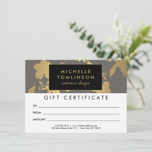 Elegant Gold Floral Pattern Gray Gift Certificate (Staand voorkant)