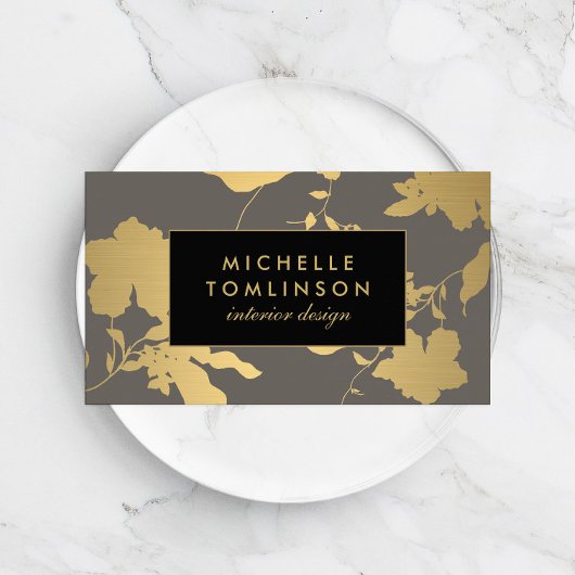 Elegant Gold Floral Pattern Grey Designer Visitekaartje