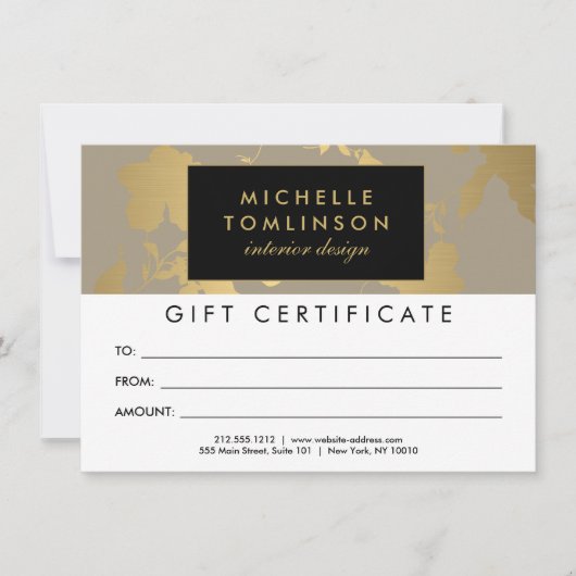 Elegant Gold Floral Pattern Tan Gift Certificate (Voorkant)