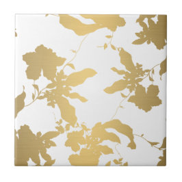 Elegant Gold Floral Pattern White Ceramic Tile Tegeltje