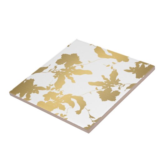 Elegant Gold Floral Pattern White Ceramic Tile Tegeltje (Zijkant)