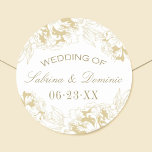 Elegant Gold Floral Peony Wedding Monogram Ronde Sticker<br><div class="desc">Elegant and romantic round wedding favor sticker design features a border of peony flowers and color scheme of champagne,  antique gold,  and white. Personalize the custom text with a monogram of the bride and groom names and wedding date.</div>