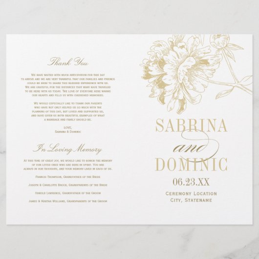Elegant Gold Floral Peony Wedding Programs (Voorkant)
