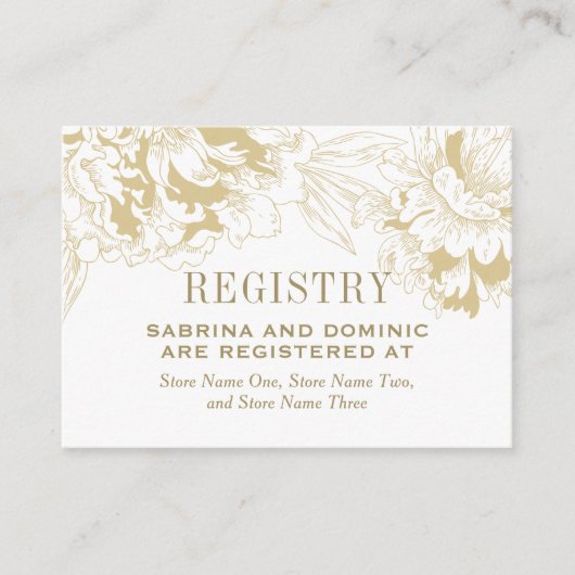 Elegant Gold Floral Peony Wedding Registry Informatiekaartje (Voorkant)