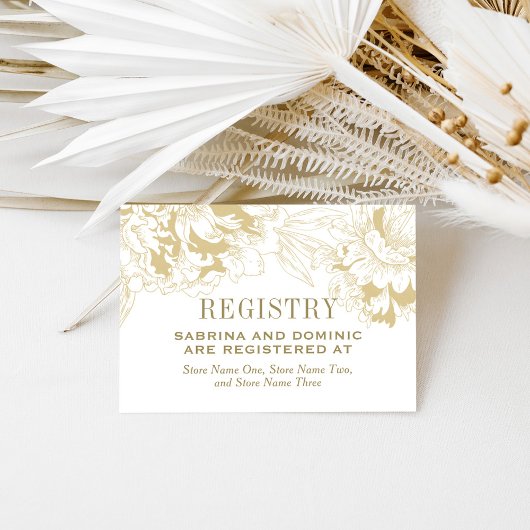 Elegant Gold Floral Peony Wedding Registry Informatiekaartje