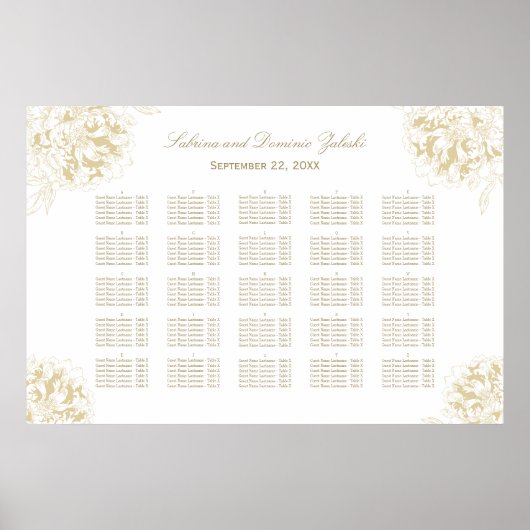 Elegant Gold Floral Peony Wedding Seating Seating Poster (Voorkant)