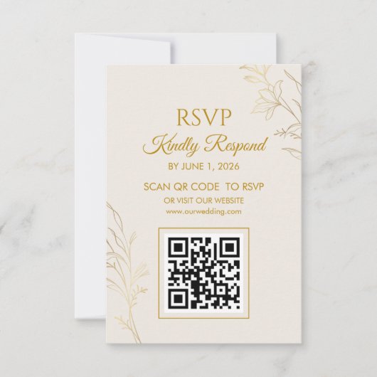Elegant Gold Floral QR Code Wedding RSVP Card (Voorkant)