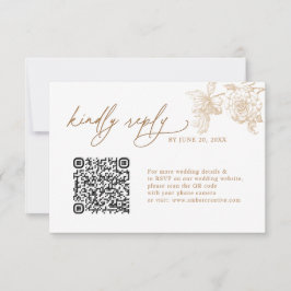 Elegant Gold Floral QR code Wedding RSVP Cards Kaartje