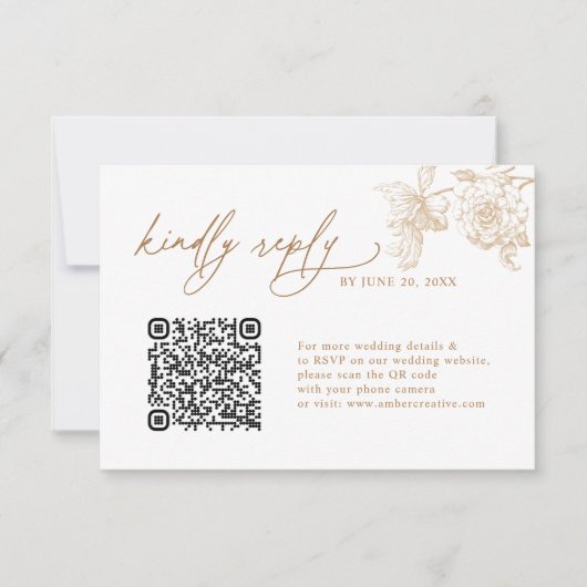 Elegant Gold Floral QR code Wedding RSVP Cards Kaartje (Voorkant)
