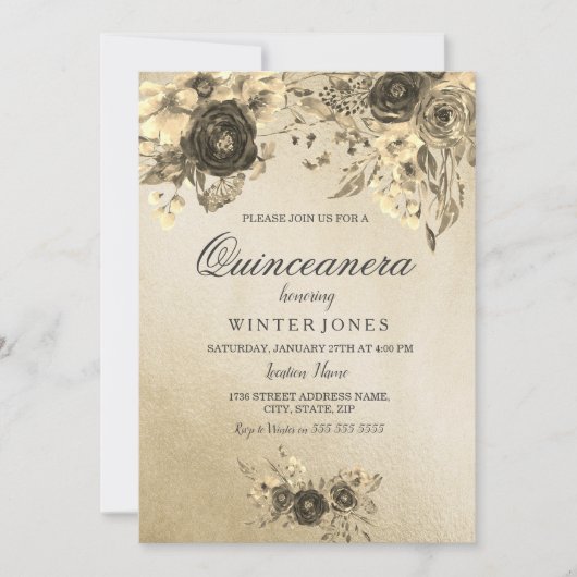 Elegant Gold Floral Quinceanera Invite Kaart (Voorkant)