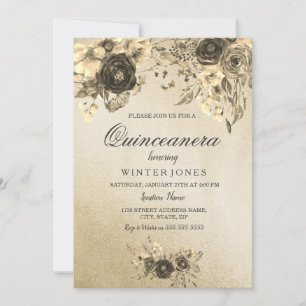 Elegant Gold Floral Quinceanera Invite Kaart