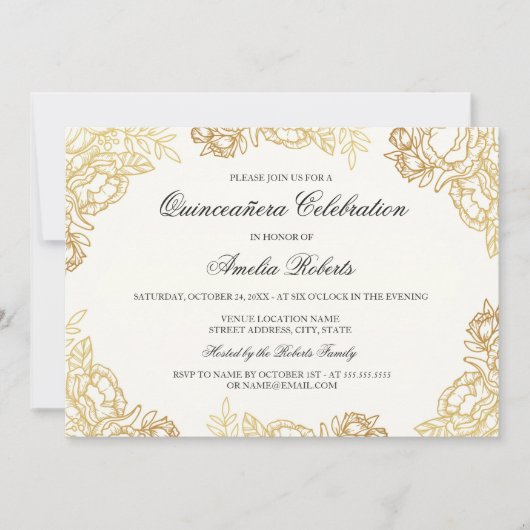 Elegant Gold Floral Quinceanera Invite Kaart (Voorkant)