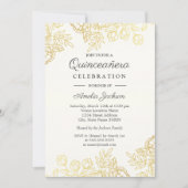 Elegant Gold Floral Quinceanera Invite Kaart (Voorkant)