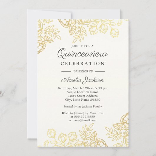 Elegant Gold  Floral Quinceanera Invite Kaart (Voorkant)