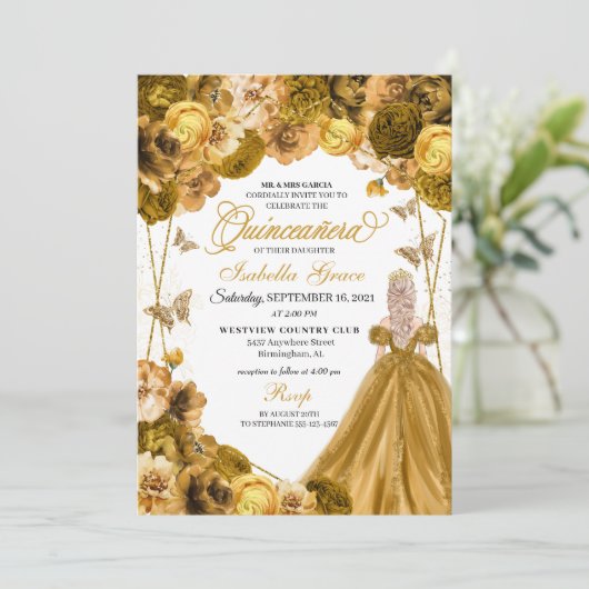 Elegant Gold Floral Quinceanera Kaart (Staand voorkant)