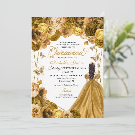 Elegant Gold Floral Quinceanera Kaart (Staand voorkant)
