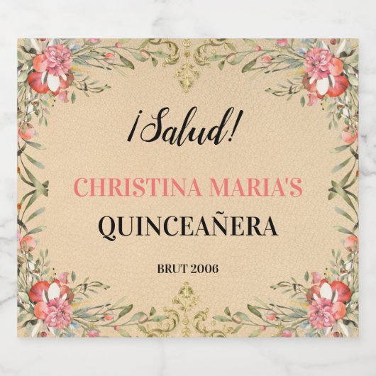 Elegant  Gold Floral Quinceañera Sparkling Wijnetiket (Enkel label)