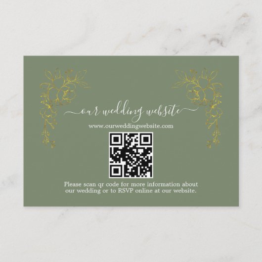 Elegant Gold Floral Sage Green QR Code Wedding  Informatiekaartje (Voorkant)