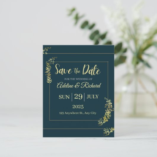 Elegant Gold Floral Save The Date Card Feestdagenkaart (Staand voorkant)