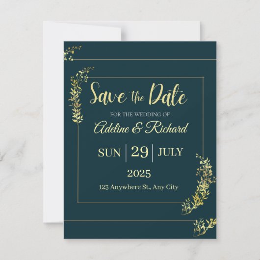 Elegant Gold Floral Save The Date Card  Feestdagenkaart (Voorkant)