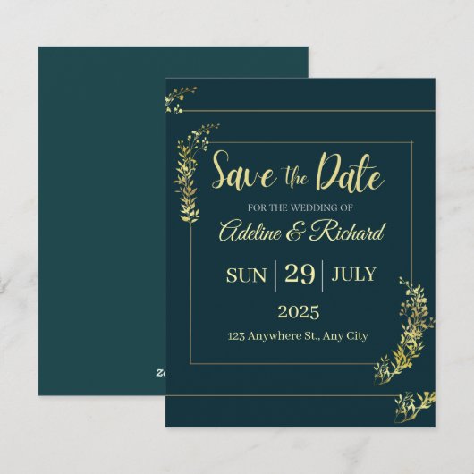 Elegant Gold Floral Save The Date Card  Feestdagenkaart (Voorkant / Achterkant)