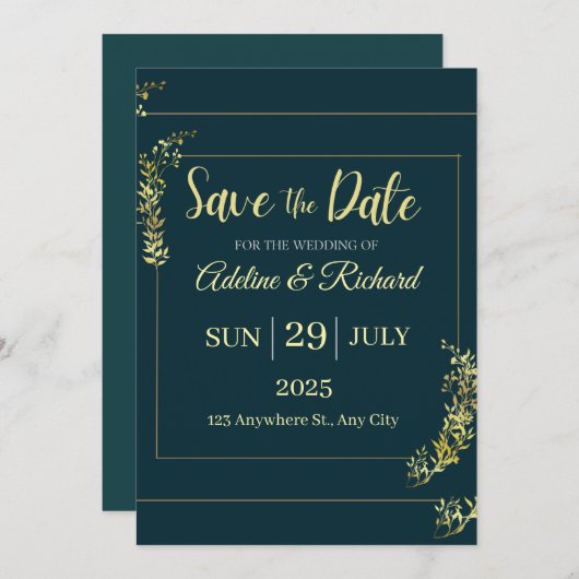 Elegant Gold Floral Save The Date Card Kaart (Voorkant / Achterkant)