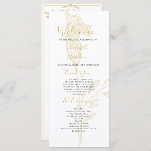 Elegant Gold Floral Script Simple Wedding Program Programmakaart (Voorkant / Achterkant)
