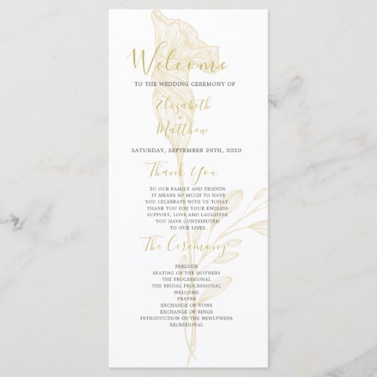 Elegant Gold Floral Script Simple Wedding Program Programmakaart (Voorkant)