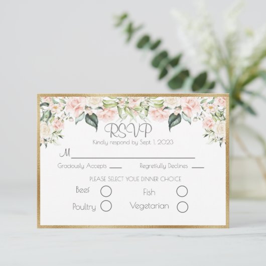 Elegant Gold Floral Script Wedding RSVP (Staand voorkant)